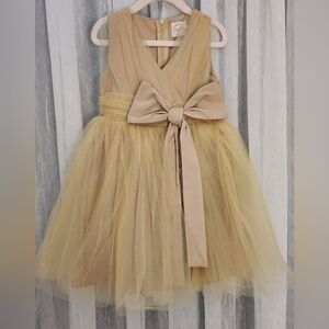 Think Pink Elegant V-neck Beige, Golden Mustard Tulle Dress w/Bow, Size 3T, NWOT